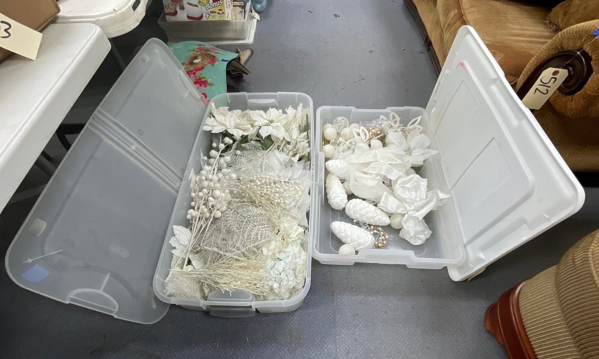 White Holiday Decor in Plastic Under Bed Storage w/Lid