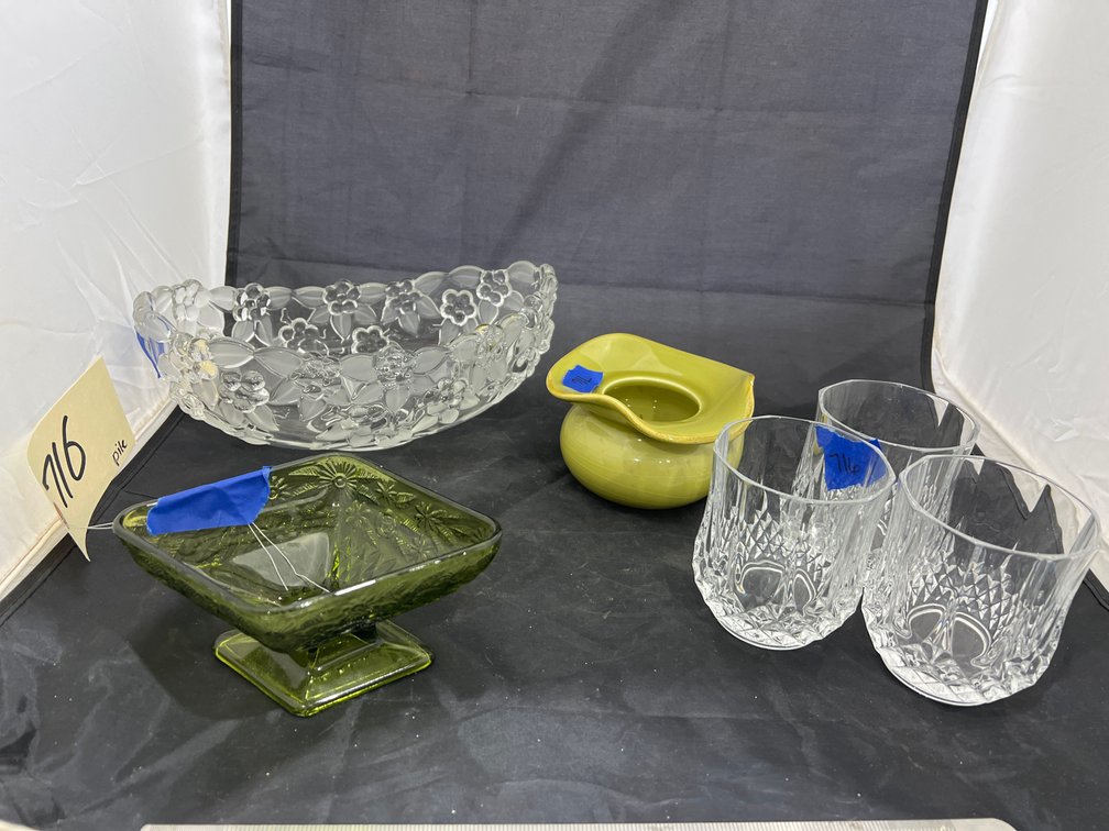 Glass Tumblers  - Glass  Bowl - Green Glass Dish & Spittoon
