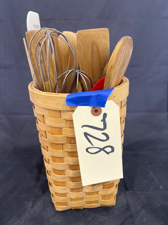 Wicker Basket w/Wooden Kitchen Utensils