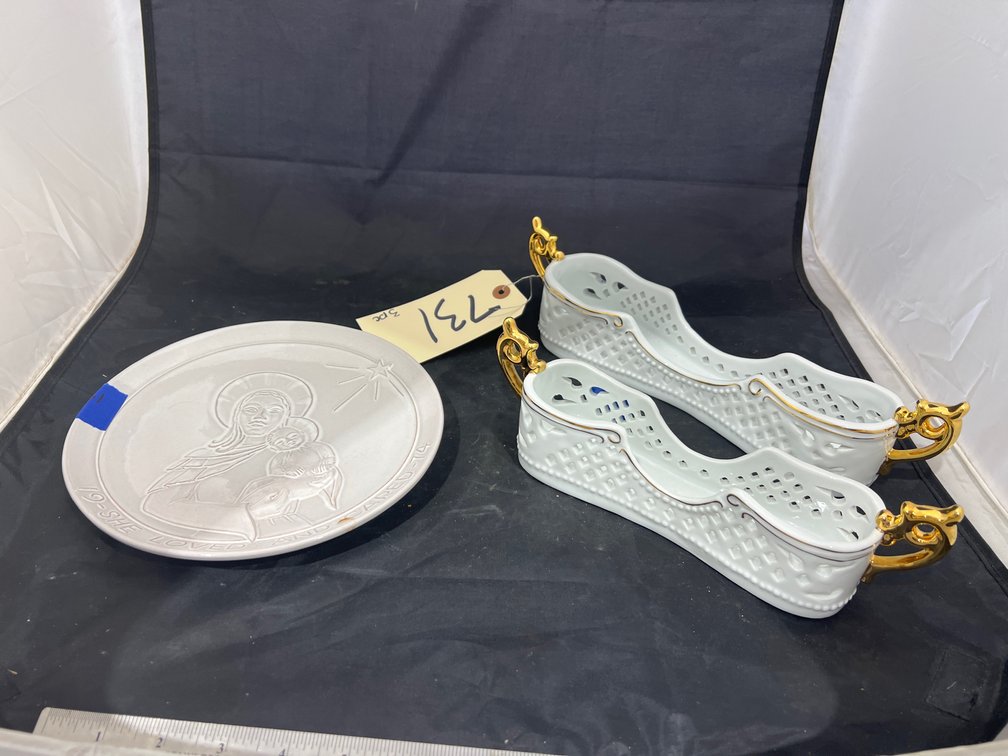 3 Pcs - Frankoma Trivet & Porcelain Dishes