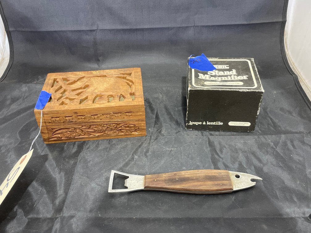 Magnifier - Bottle Opener - Wood Trinket Box w/Contents
