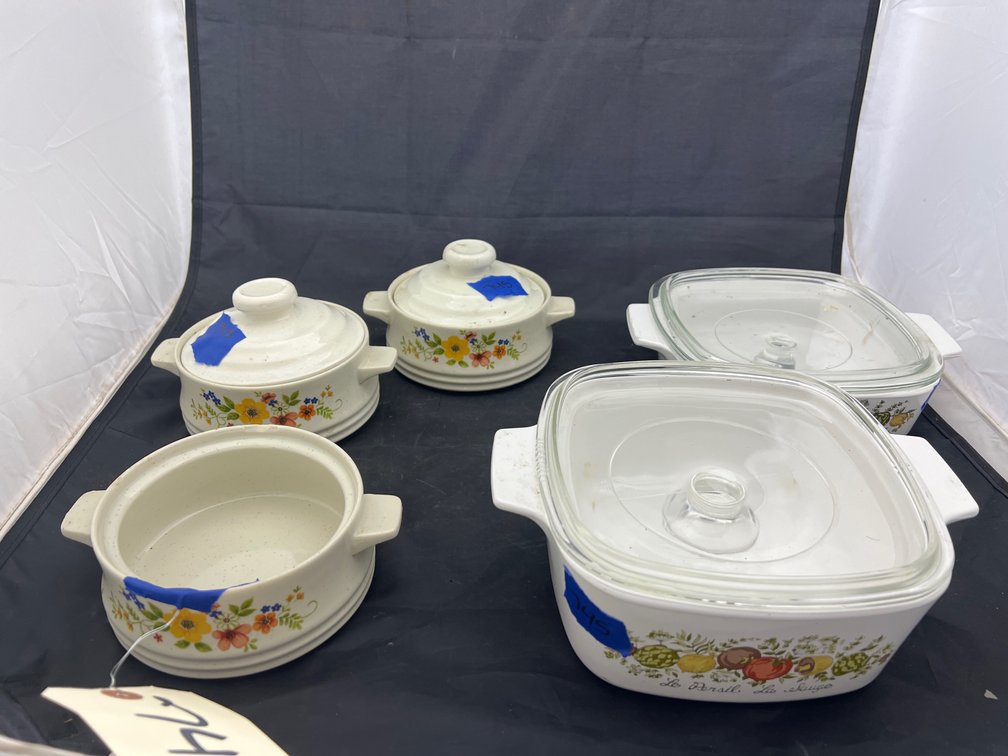5 Pcs - Stoneware Covered Dishes & 2 Corningware Spice of Life Casseroles
