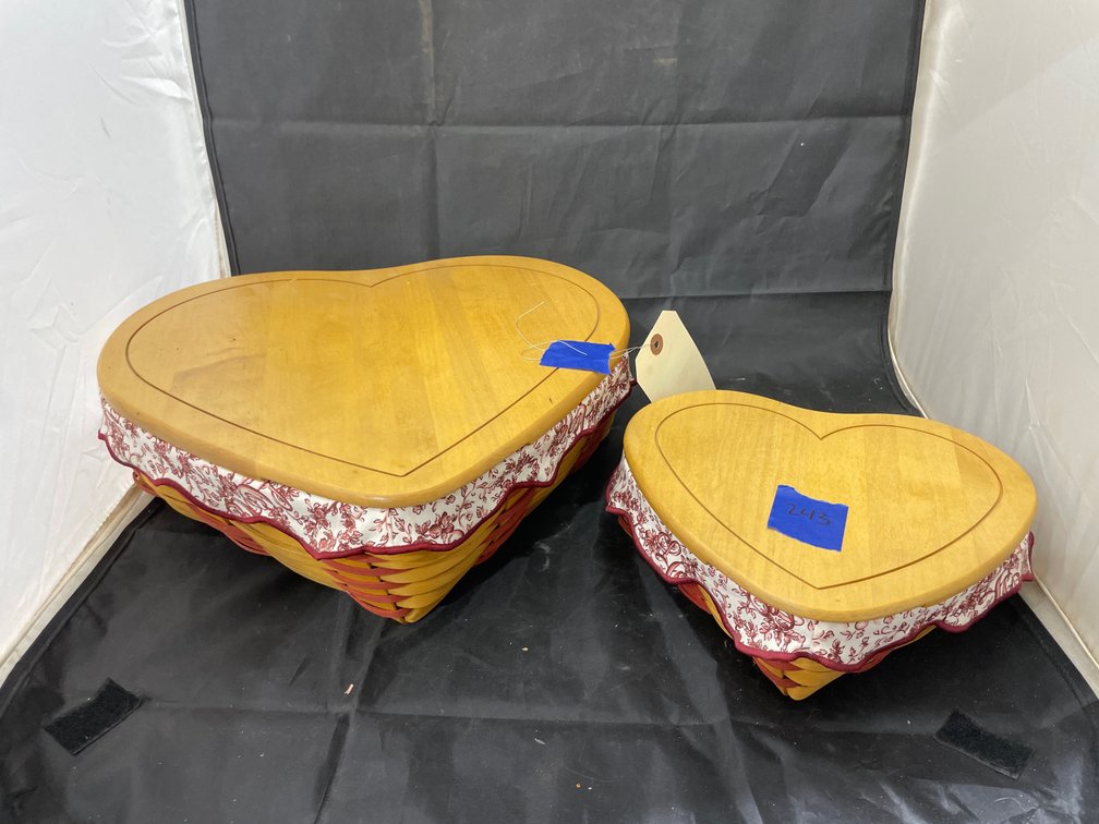 2 Pcs - Longaberger Baskets w/Wooden Lids & Inserts - Heart Shaped