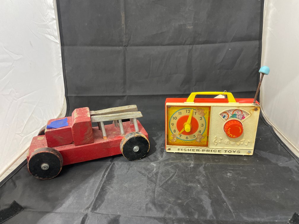 Vintage Fisher Price Clock & Wooden Fire Truck Toy