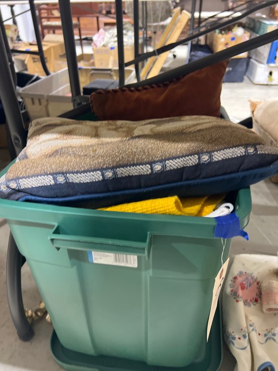 Throw Pillows - Tea Towels - Bath Towels in Plastic Bin w/Lid
