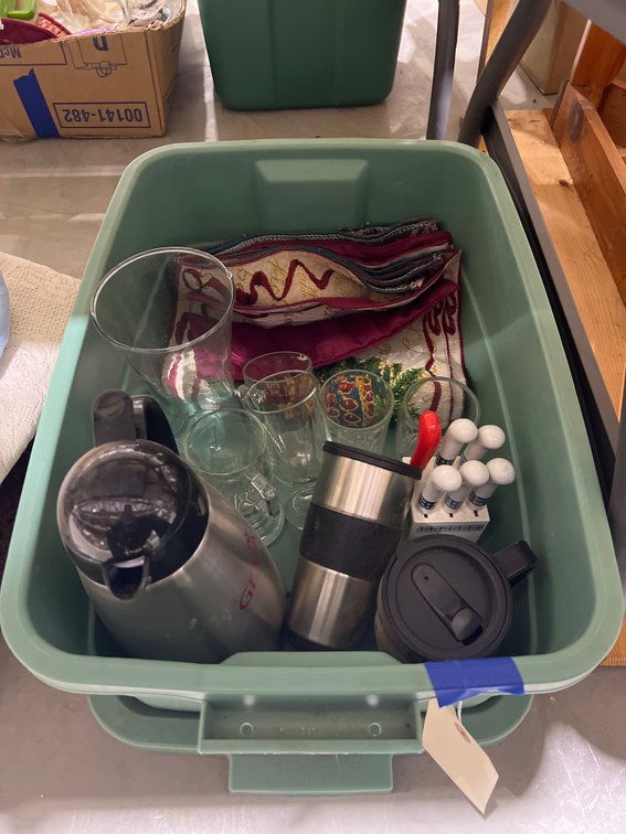 Glass Cups - Vase - Coffee Pot & More in Plastic Bin w/Lid