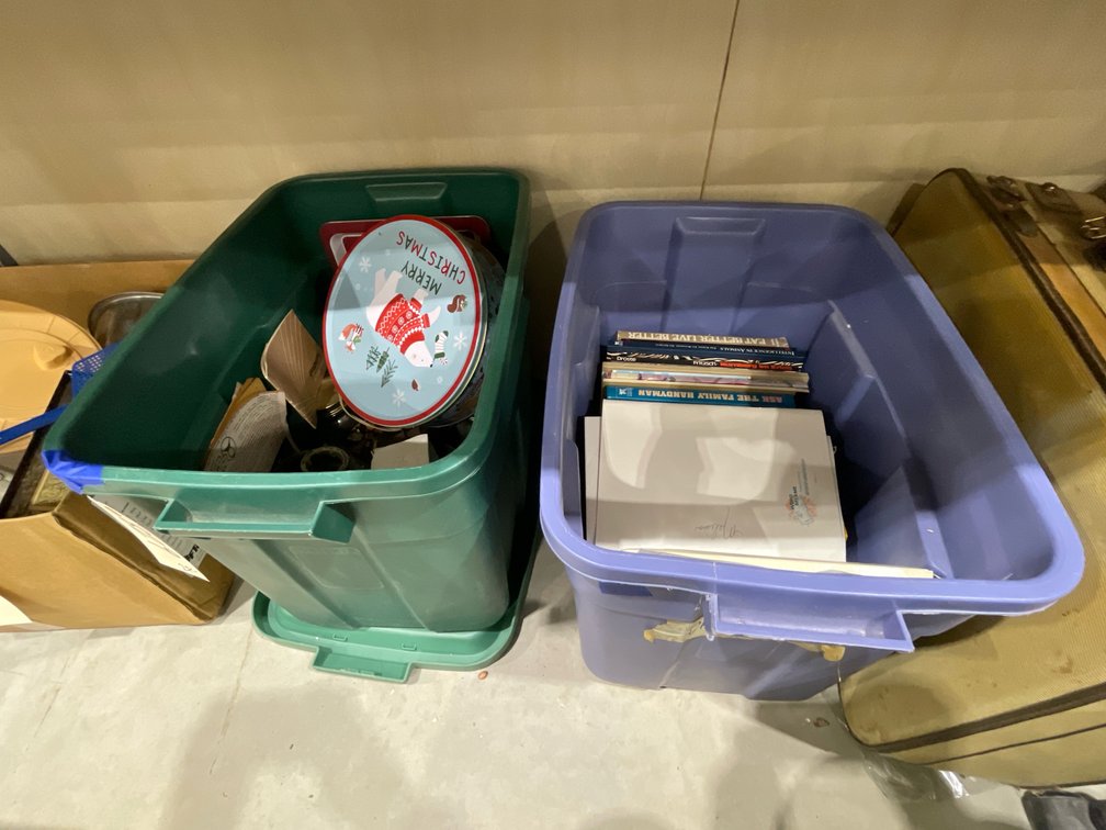 Canning Jars - Glass Fruit - Vase & More in Plastic Bin & Box of Assorted Books
