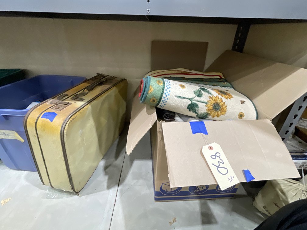 Vintage Suitcase w/Contents -Rugs - Kitchen Towels & More
