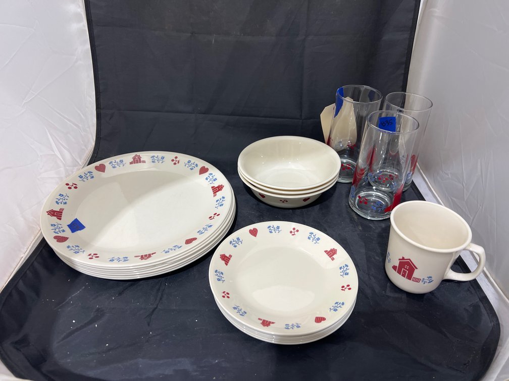 7 Corelle Hometown Plates & 3 Matching Glass Cups - Mug, Bowls & Small Plates