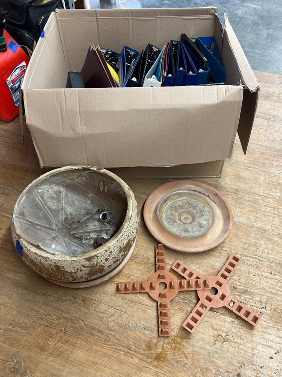 Box of large 3-Ring Binders & Planter