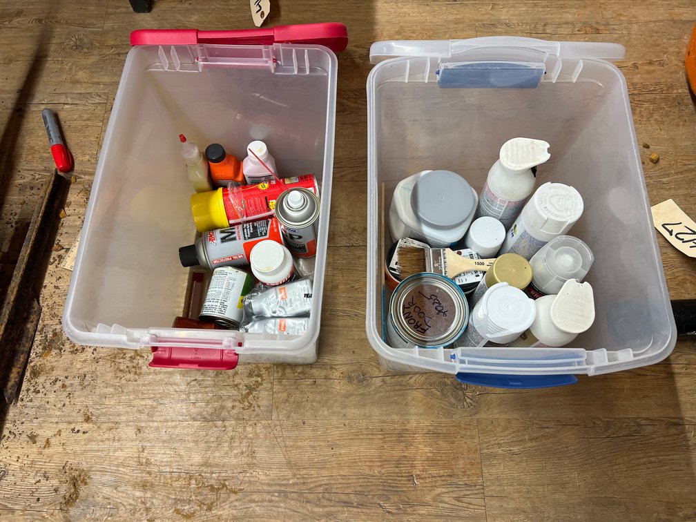 2 Plastic Bins w/Lids - 2 Stroke Oil - Spray Paint & More