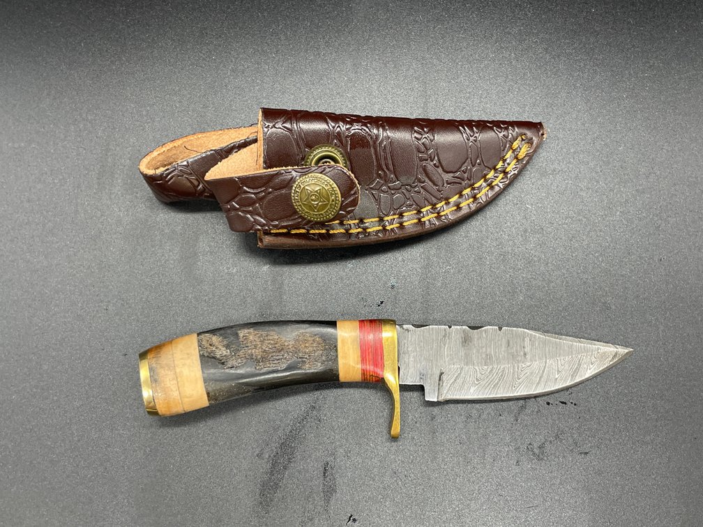 Fixed Blade Damascus Steel Knife w/Leather Sheath
