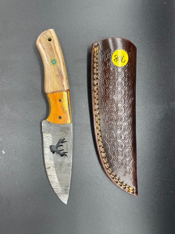 Fixed Blade Damascus Steel Knife w/Leather Sheath