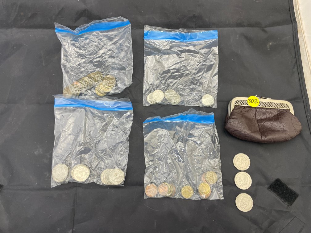 Coin Purse w/4 Bags of Assorted Foreign Coins