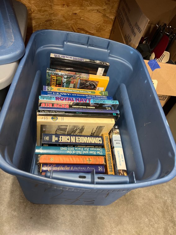 Military Hardback Books in Plastic Bin w/Lid