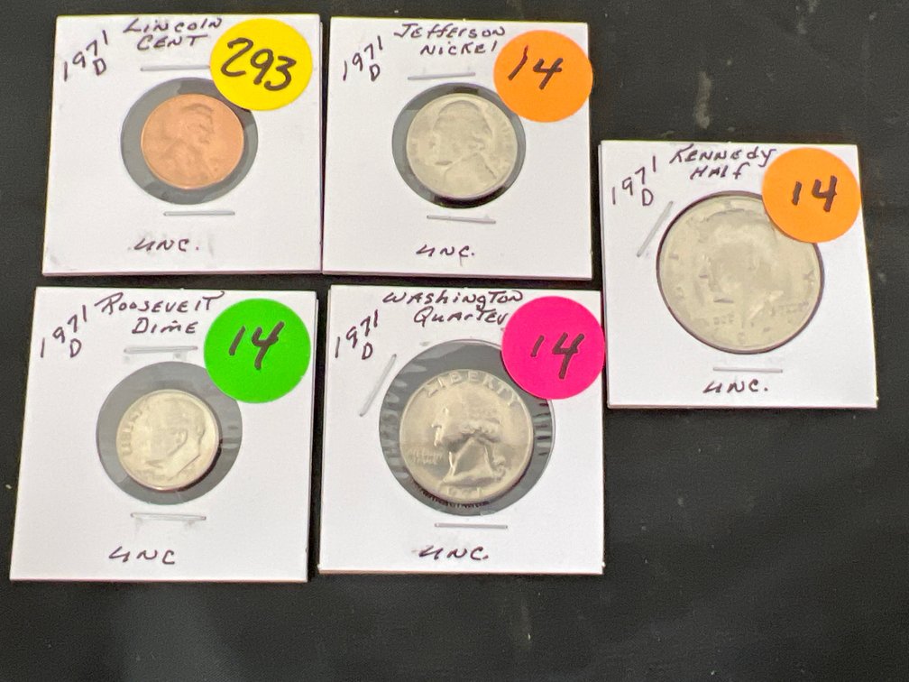 5pc 1971-D Mint Set Lincoln Cent, Jefferson Nickel, Roosevelt Dime, Washington Quarter, Kennedy Half Dollar