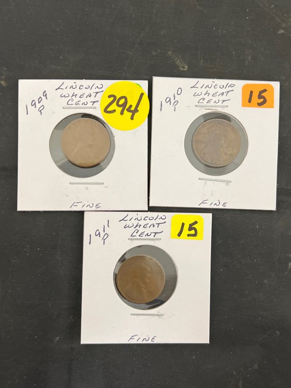 3) Very Old Lincoln Pennies 1909P, 1910P, 1911P All Fine