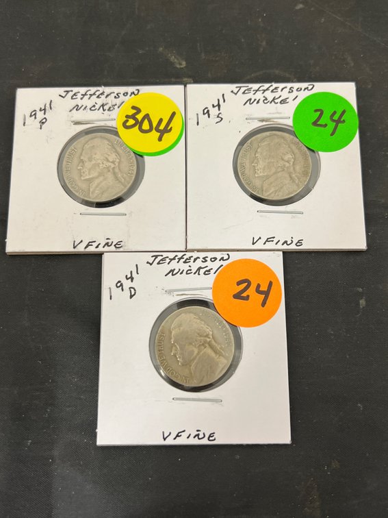 3) Jefferson Nickels 1941- P, D & S