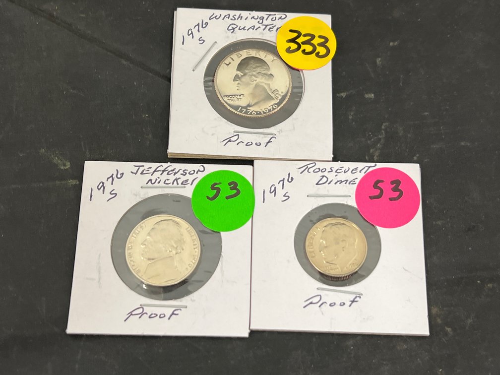 3) 1976-S Proof Coins Jefferson Nickel, Roosevelt Dime and Washington Quarter