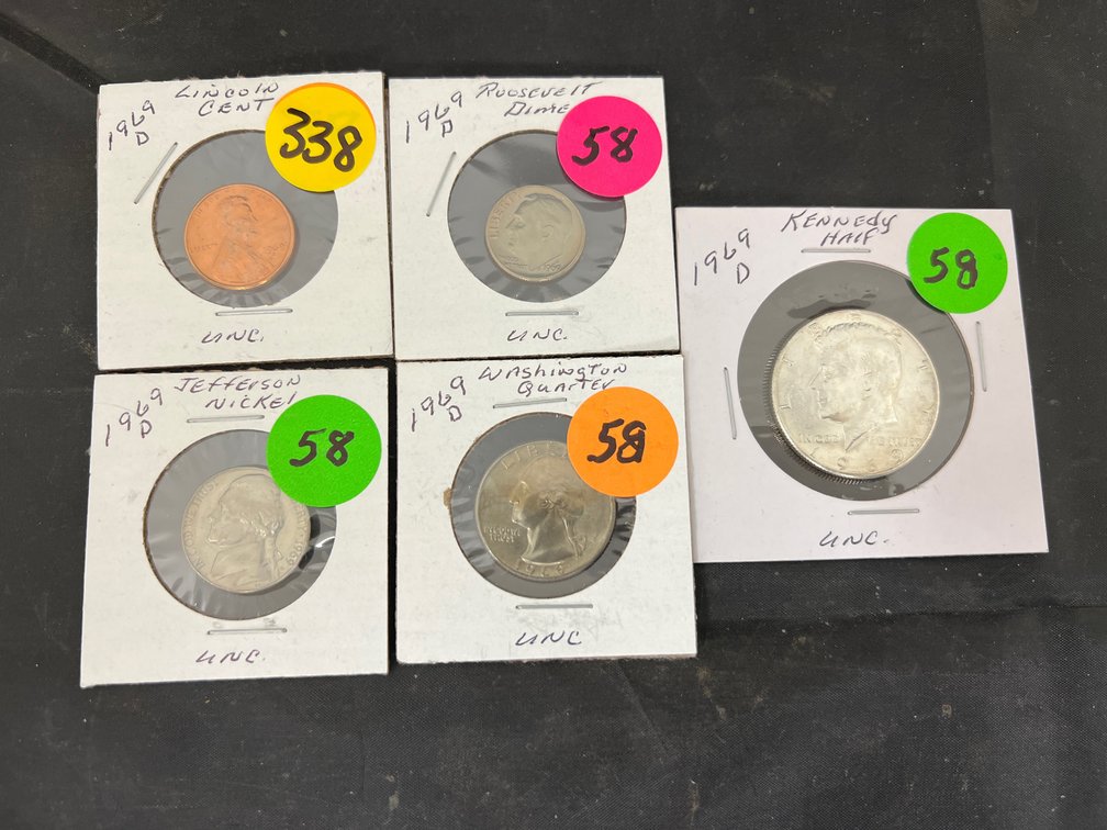 1969-D 5pc Set Half, Quarter, Dime, Nickel And Lincoln Cent