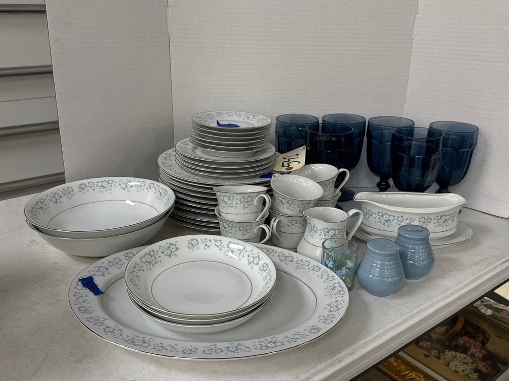 Montgomery Ward Dinnerware & Blue Glass Goblets