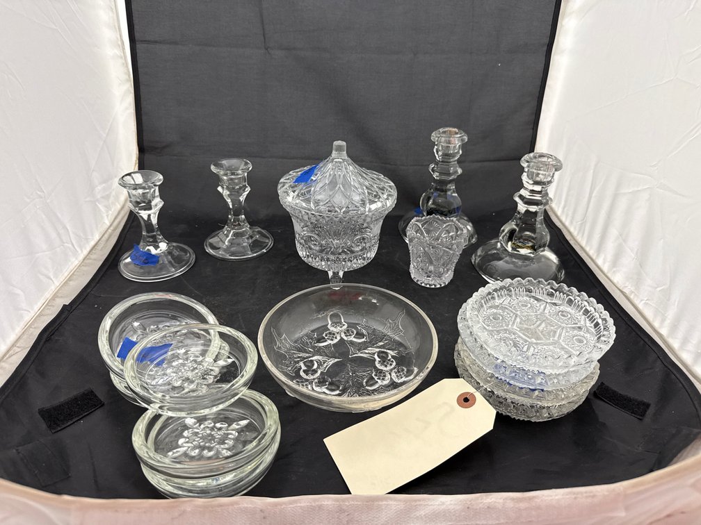Glass Candlestick Holders - Saucers - Lidded Dish & More