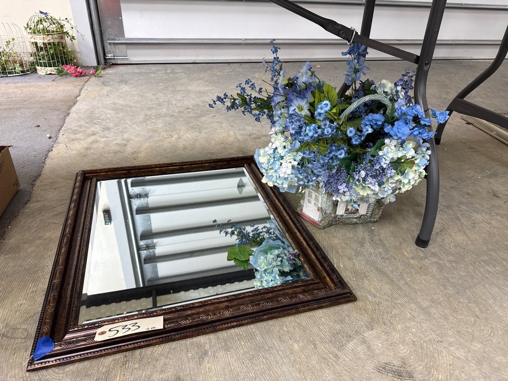 Framed Wall Mirror & Basket w/Floral Picks