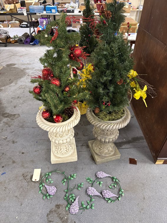 3 Pcs - Christmas Trees & Planters w/Metal Wall Decor