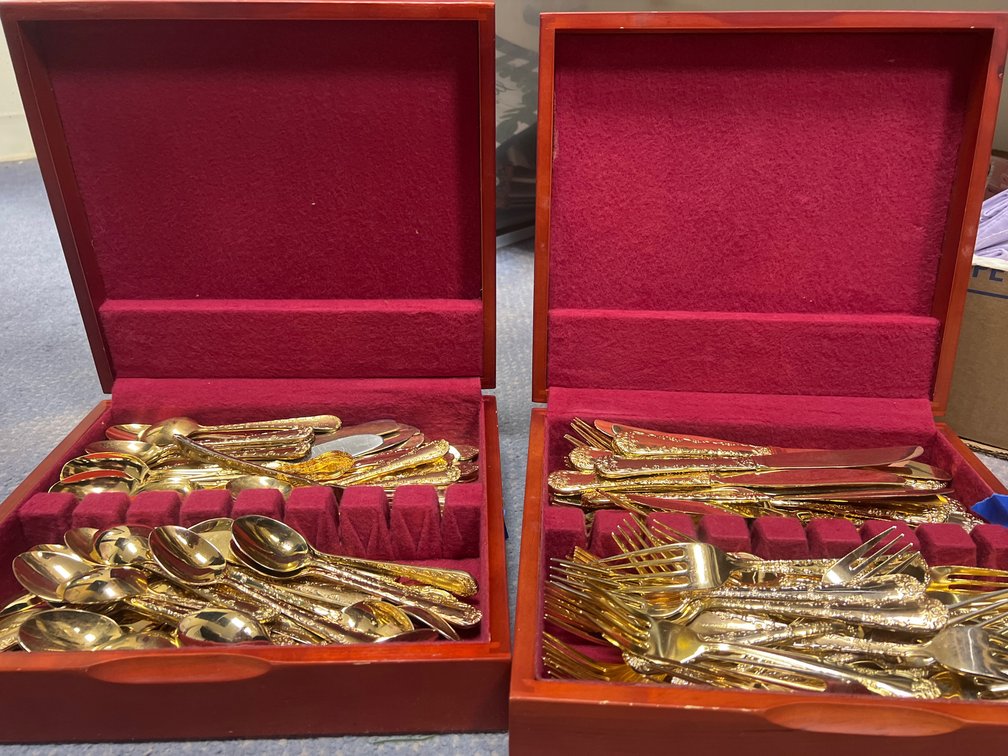2 Pcs - Gold Toned Flatware in Wood Boxes