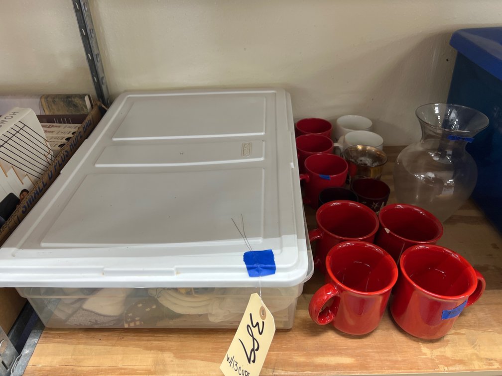 Holiday Decor - 13 Coffee Mugs - Vase - Plastic Bin w/Lid