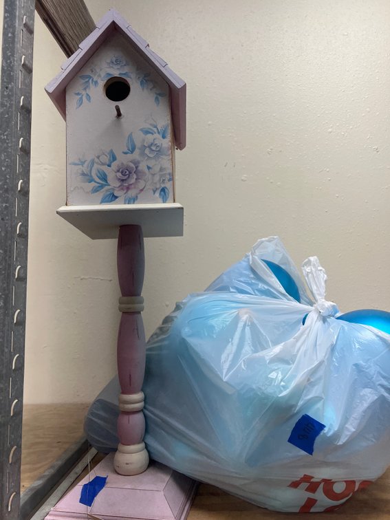 Birdhouse & Large Blue Ornaments