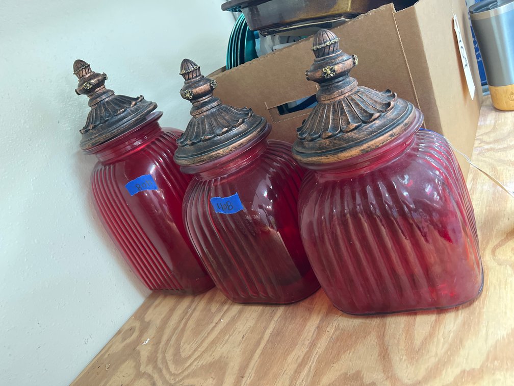 3 Pcs - Red Glass Canisters w/Lids