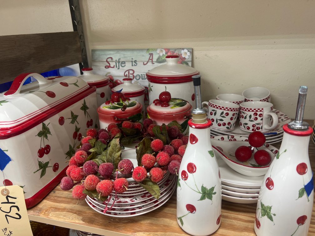 Large Set of Cherry Dinnerware - Canisters - Plates - Bread Box