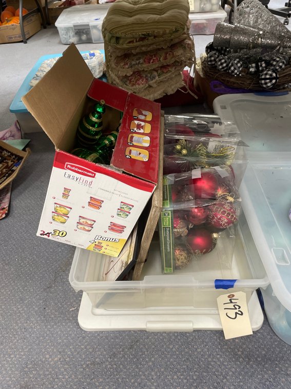Red & Green Christmas Ornaments in Plastic Bin w/Lid