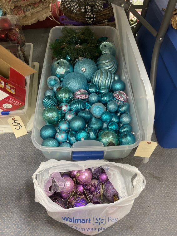 Blue & Purple Christmas Ornaments in Plastic Bin w/Lid