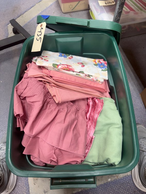 Pink & Green Tablecloths in Plastic Bin w/Lid