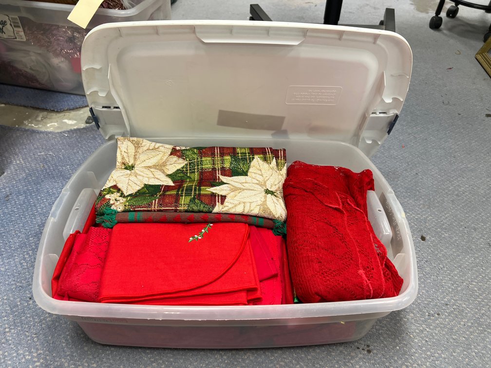 Red Table Cloths in Plastic Bin w/Lid