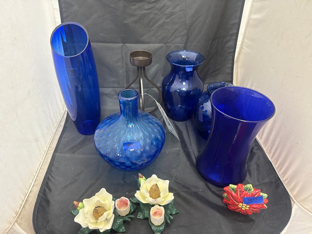Blue Glass Vases - Candle Holders - Flower Figurines