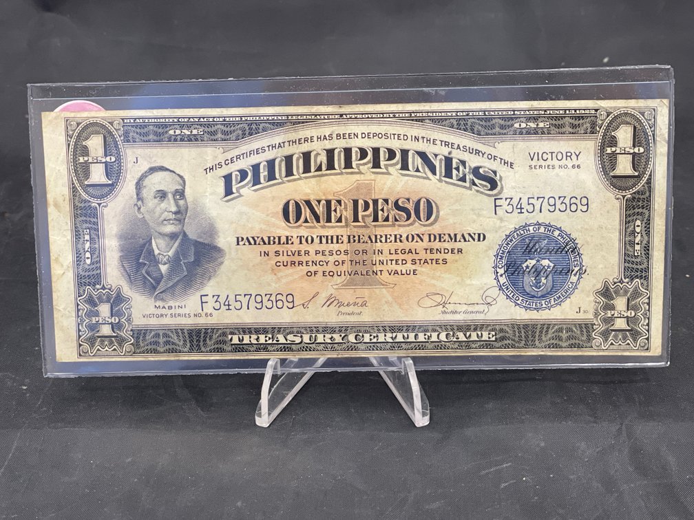 1922 Victory Series No. 66 One Peso Silver Certificate Philippines RARE Excellent Note