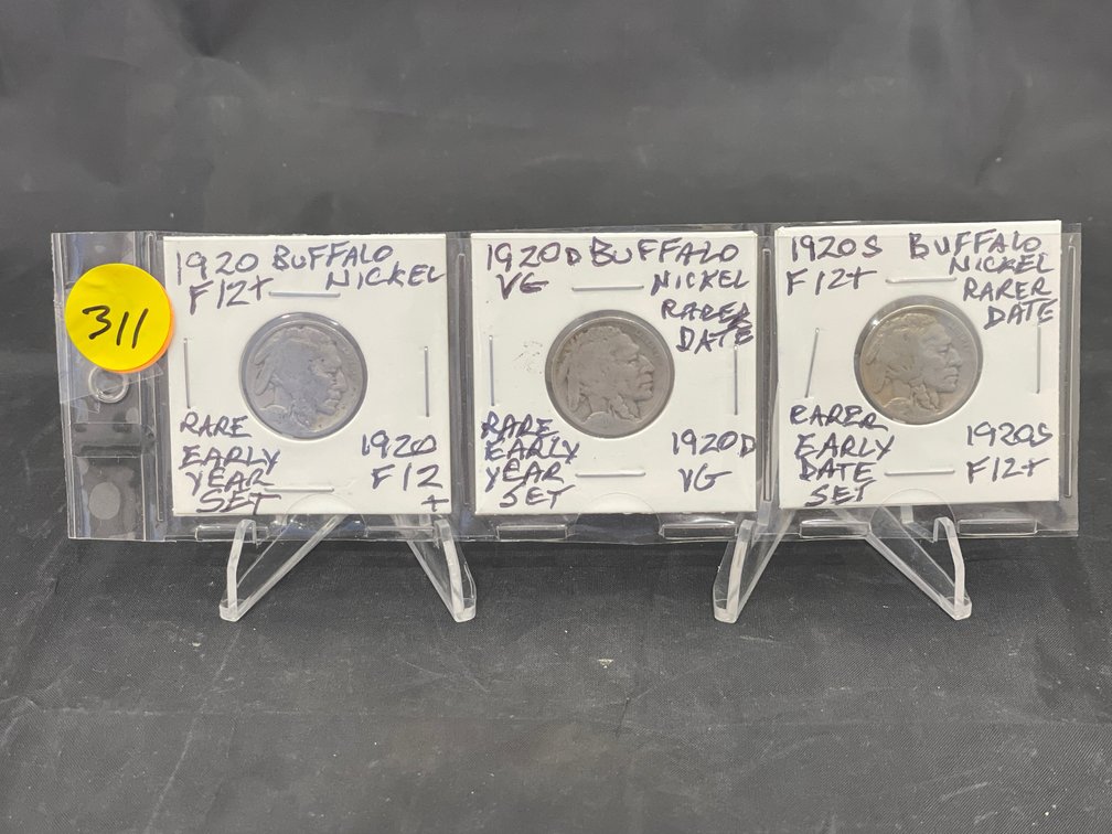 1920 PDS (3) Buffalo Nickels Rare Early Date Year Set VG-F12+