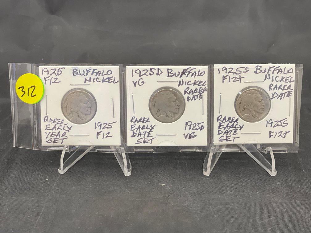 1925 PDS (3) Buffalo Nickels Great Year Set Rarer Dates VG-F12+