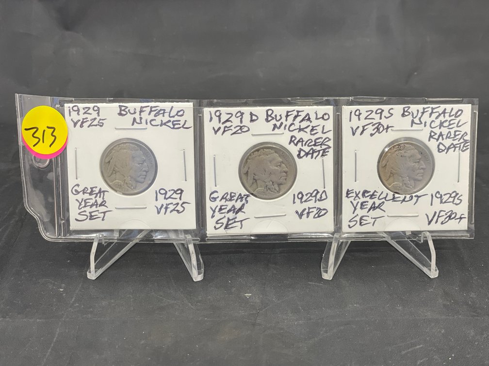 1929 PDS (3) Buffalo Nickels Great Year Set VF20-VF30+