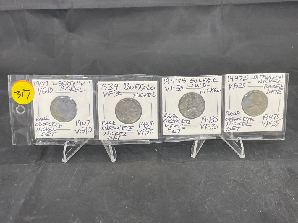 1907 “V”,34,43 S Silver War,47 S Jefferson/Monticello(4)Obsolete Nickels Rare Set F-VF35
