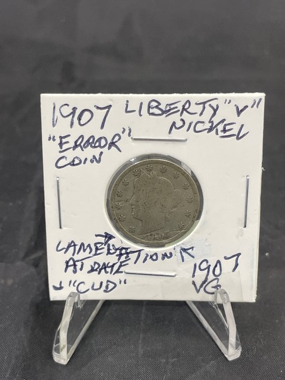 1907 Liberty “V” Nickel RARE “Error Coin Lamination & Cud” at Date Obverse VG
