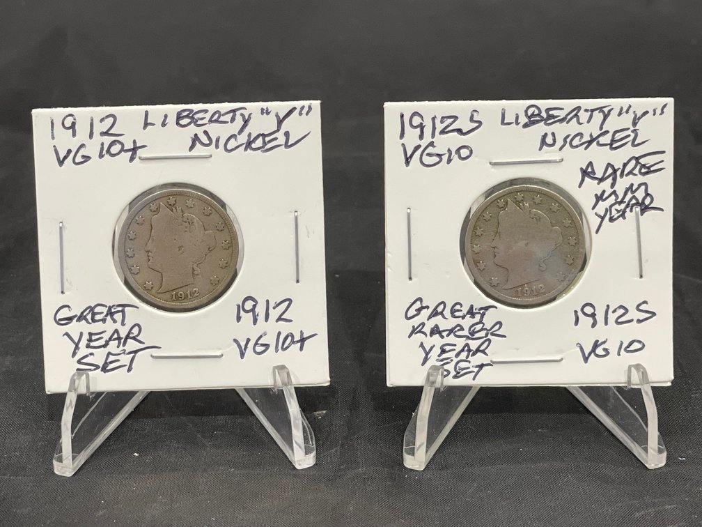 1912 P & D (2) Liberty “V” Nickel Great Year Set Rarer MM Date VG10+