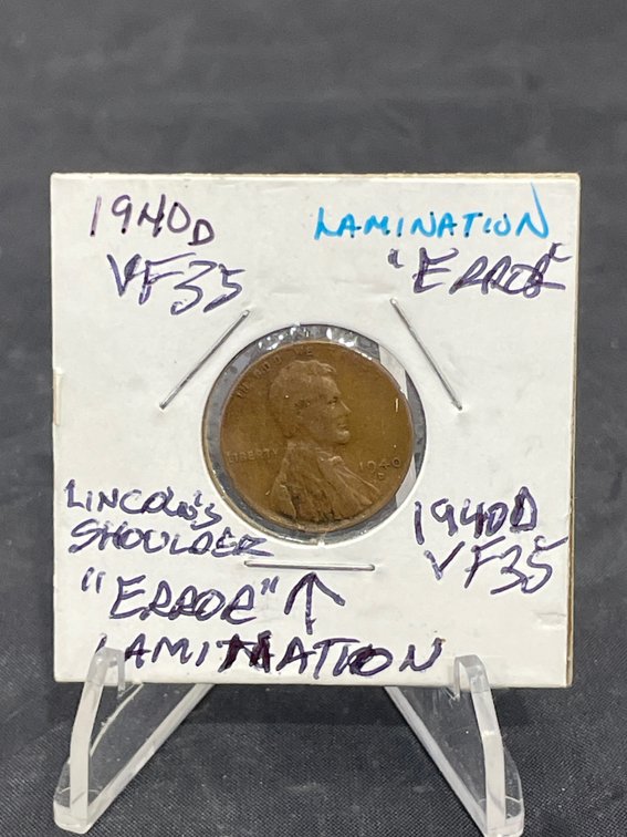 1940 D Wheat Cent Error Coin Obverse Lamination on Lincoln’s Shoulder VF35