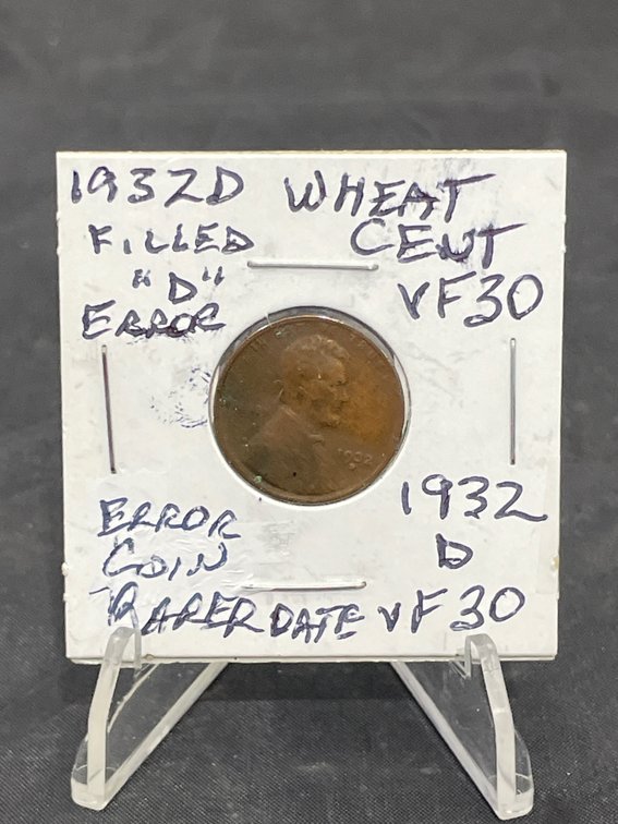 1932 D Wheat Cent Error Coin Filled “D” in Date- Rarer Date VF30