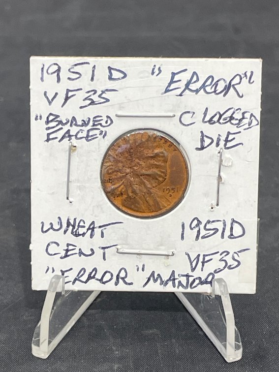 1951 D Wheat Cent Error Major Clogged Die Obverse “Burned Face Lincoln” VF35