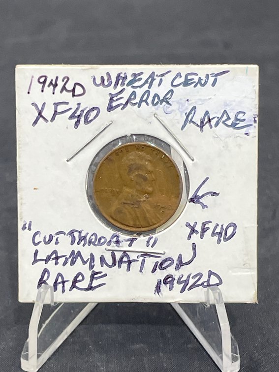 1942 D Wheat Cent Error Rare Cut Throat Lamination Obverse XF40