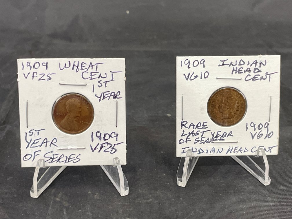 1909 Indian Head Cent Rare Last Year of Series & Wheat Cent 1st Year of Series VG10-VF25